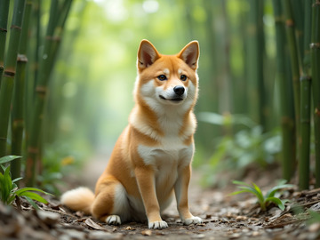 竹林坐着的柴犬