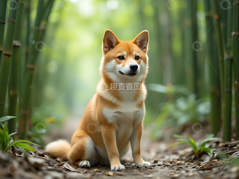 高清大图下载【趣麦麦图】竹林坐着的柴犬