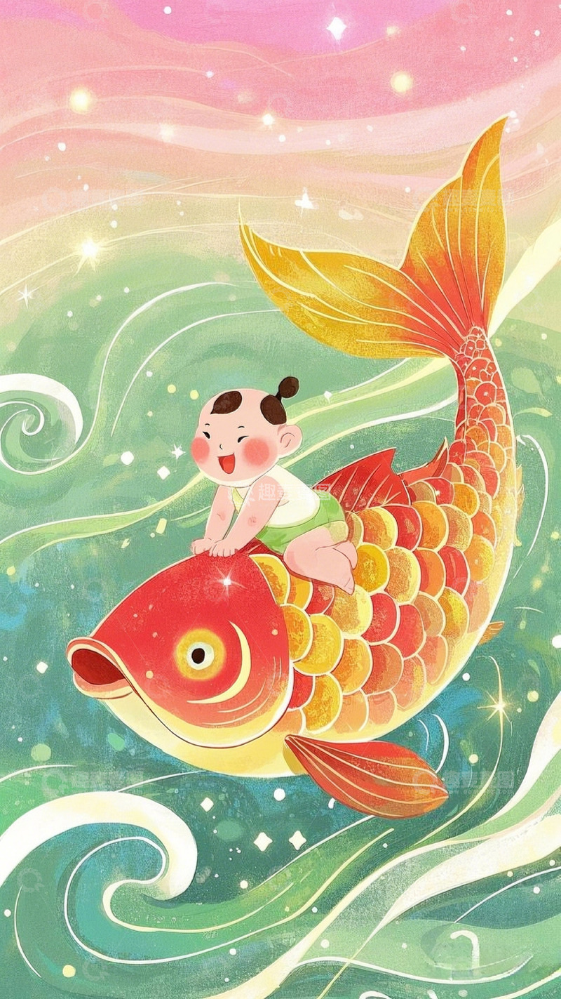 锦鲤背上的小孩