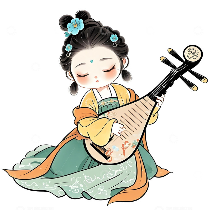 高清大图下载【趣麦麦图】古风人物弹琵琶卡通素材