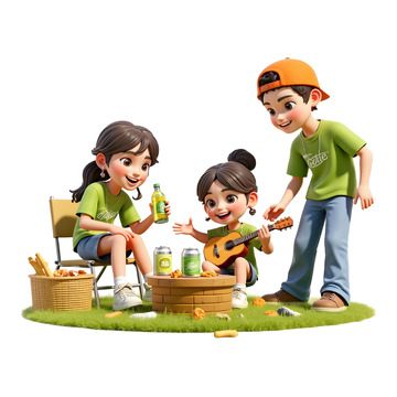 春季户外野营卡通3D人物素材