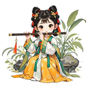 古风人物吹笛子卡通素材