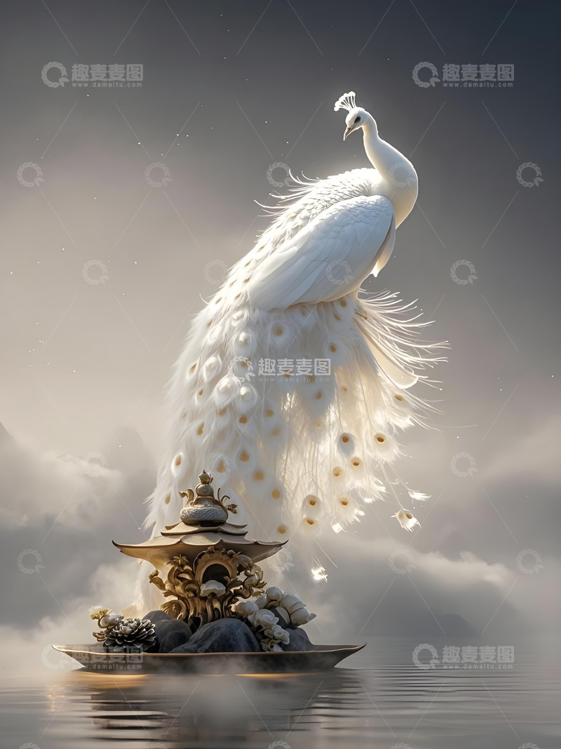 高清大图下载【趣麦麦图】动物素材意境水墨画概念画风壁纸-孔雀