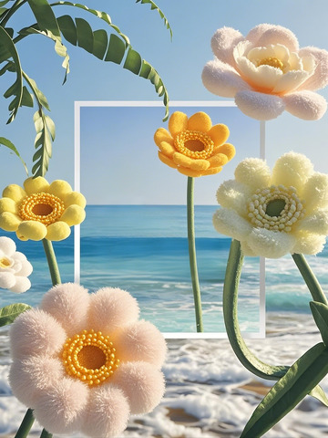 3D立体盛夏海边盛开毛茸茸的花朵