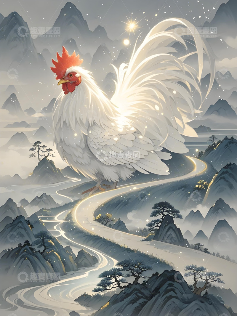 高清大图下载【趣麦麦图】十二生肖意境水墨画概念画风发光壁纸-鸡1
