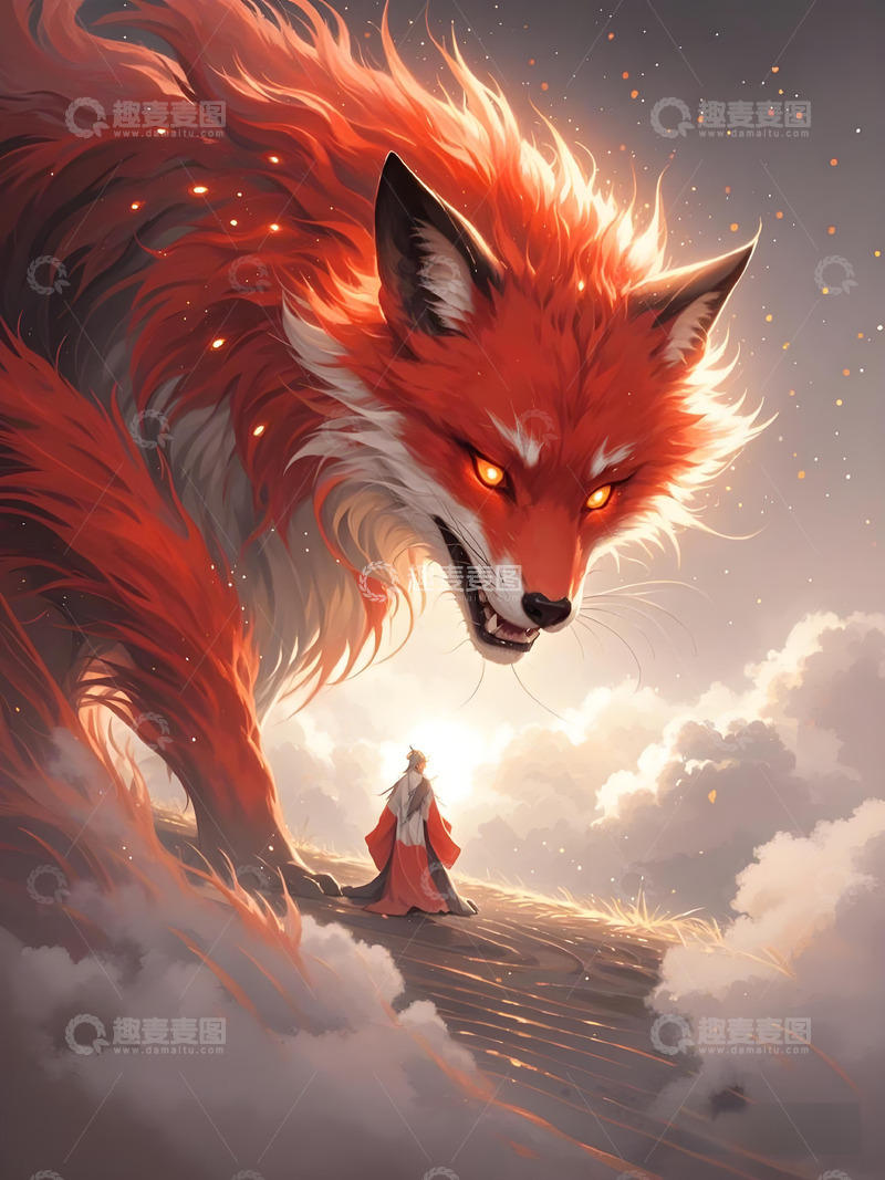 高清大图下载【趣麦麦图】动物素材壁纸意境水墨画概念画风红色-狐狸2