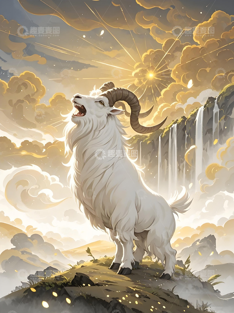 高清大图下载【趣麦麦图】十二生肖意境水墨画概念画风发光壁纸-羊1