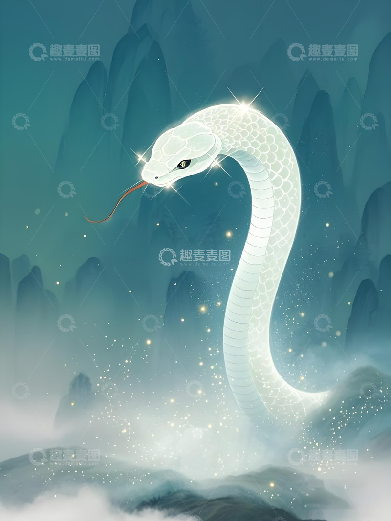 高清大图下载【趣麦麦图】十二生肖意境水墨画概念画风发光壁纸-蛇