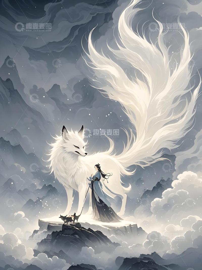 高清大图下载【趣麦麦图】动物素材壁纸意境水墨画概念画风白色-狐狸