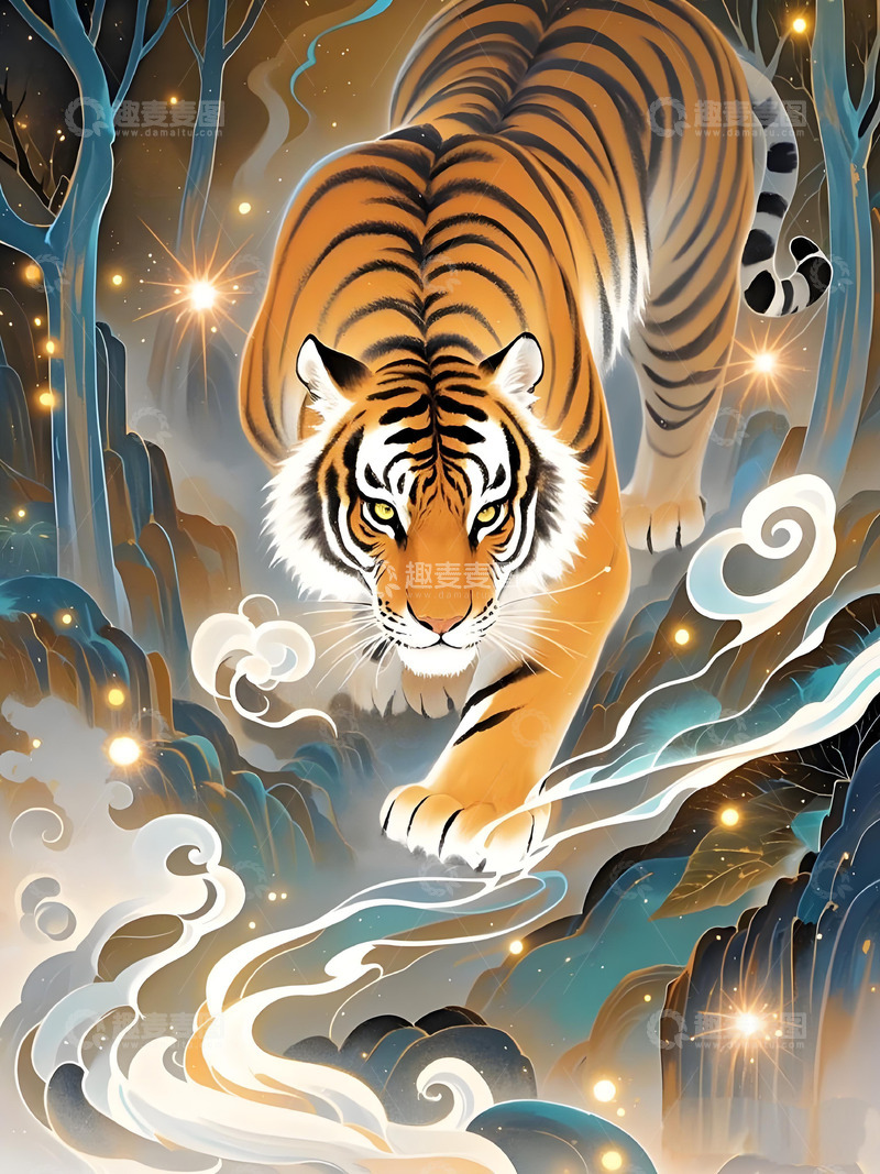 高清大图下载【趣麦麦图】十二生肖意境水墨画概念画风发光-虎4