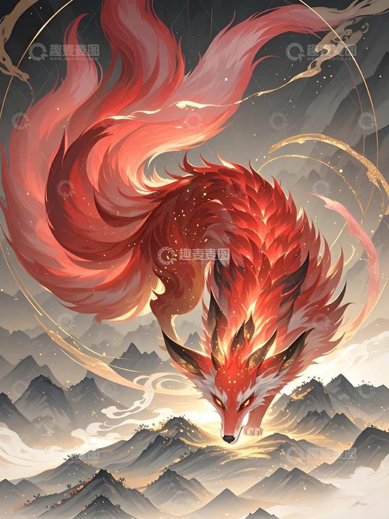 高清大图下载【趣麦麦图】动物素材壁纸意境水墨画概念画风红色-狐狸3