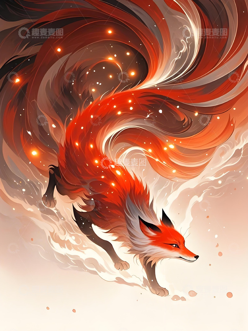高清大图下载【趣麦麦图】动物素材壁纸意境水墨画概念画风红色-狐狸