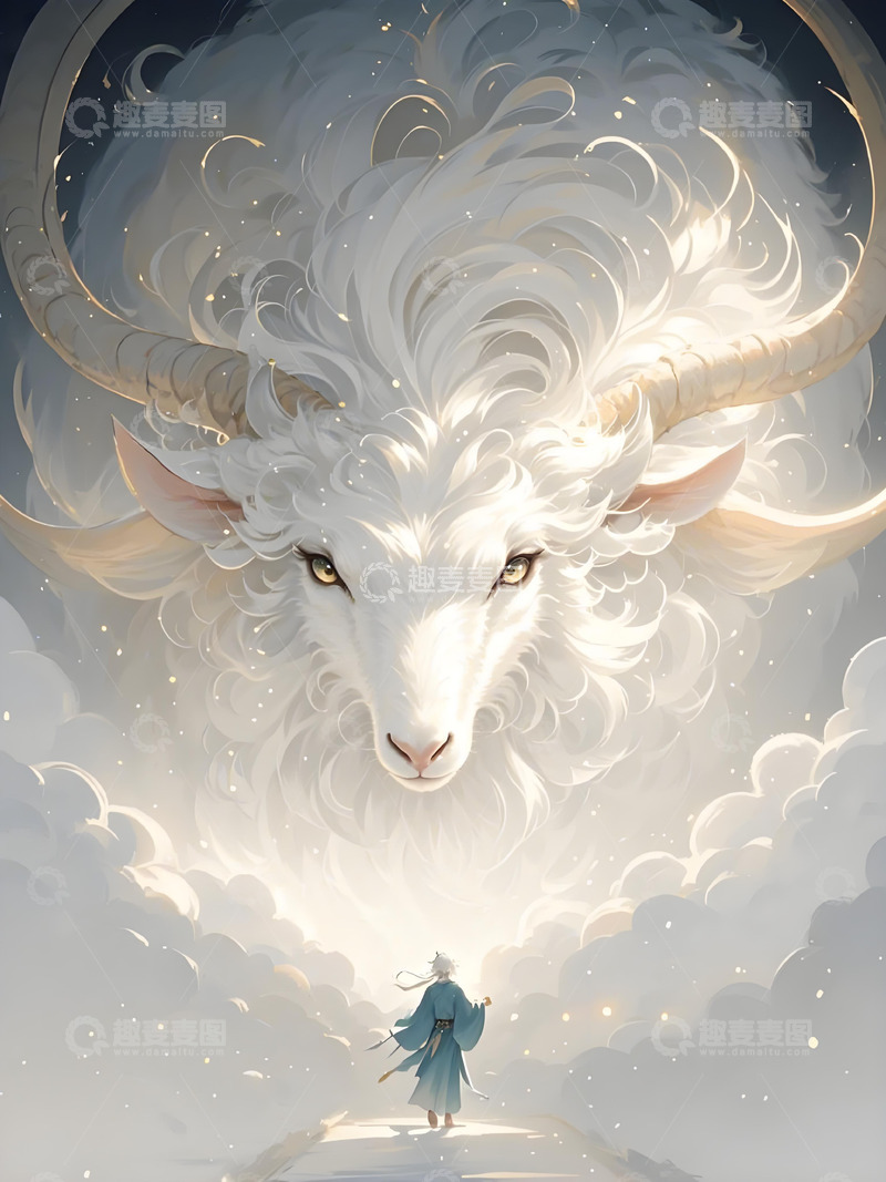 高清大图下载【趣麦麦图】十二生肖意境水墨画概念画风发光壁纸-羊3