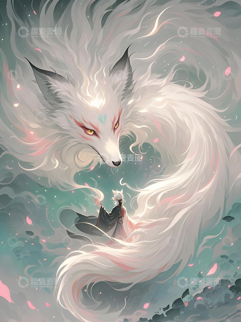 高清大图下载【趣麦麦图】动物素材壁纸意境水墨画概念画风白色-狐狸1
