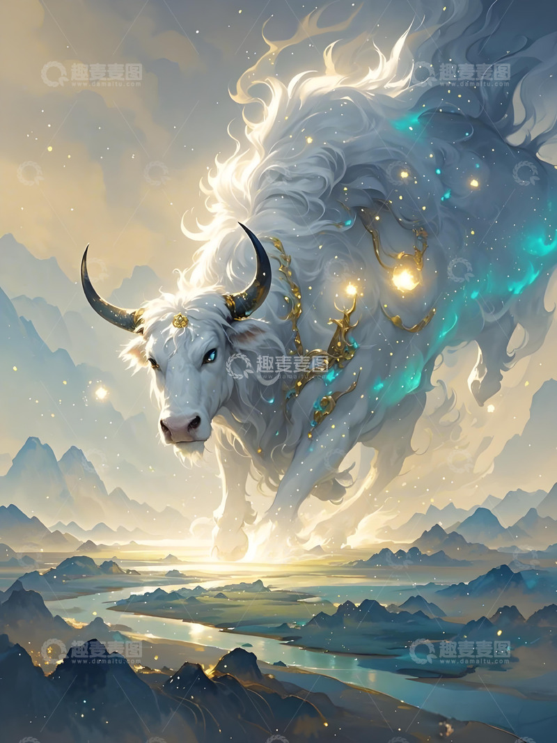 高清大图下载【趣麦麦图】十二生肖意境水墨画概念画风发光壁纸-牛