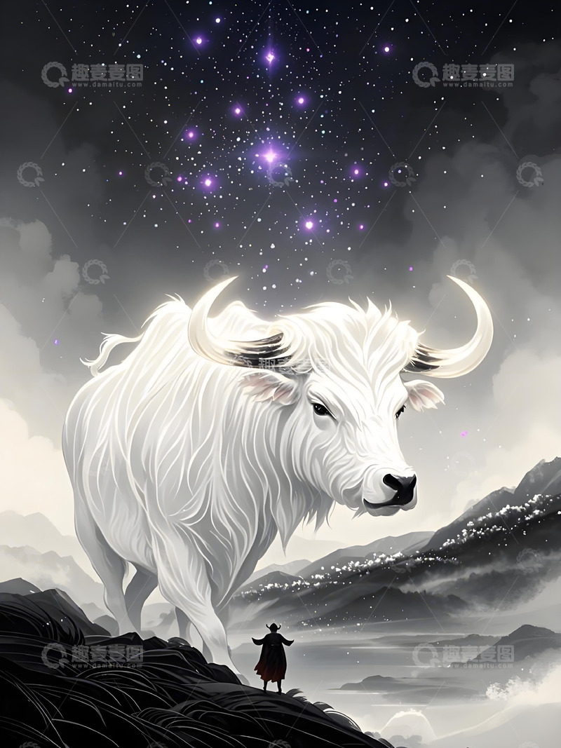 高清大图下载【趣麦麦图】十二生肖意境水墨画概念画风发光壁纸-牛3