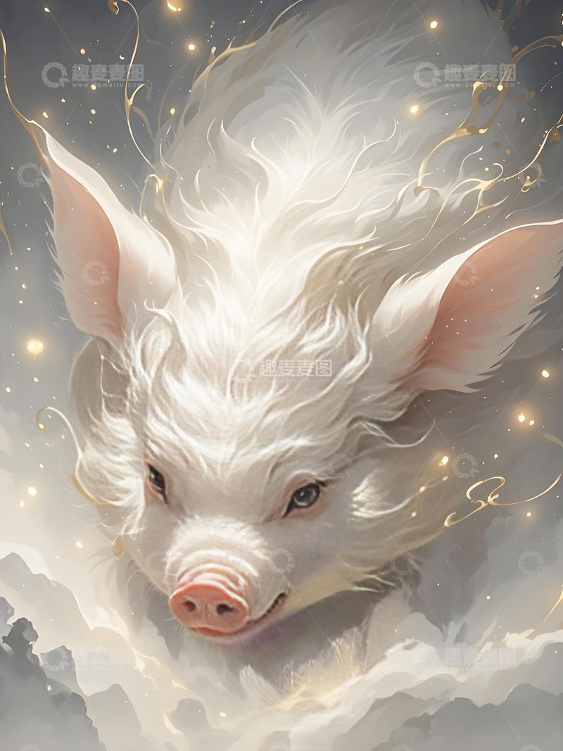 高清大图下载【趣麦麦图】十二生肖意境水墨画概念画风发光-猪3