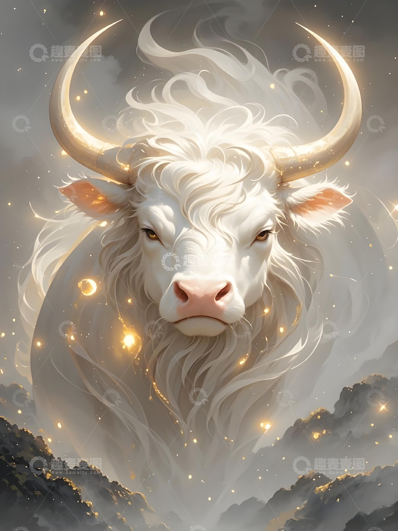 高清大图下载【趣麦麦图】十二生肖意境水墨画概念画风发光壁纸-牛2