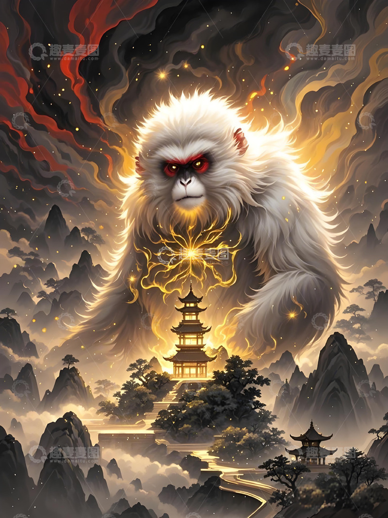 高清大图下载【趣麦麦图】十二生肖意境水墨画概念画风发光壁纸-猴6