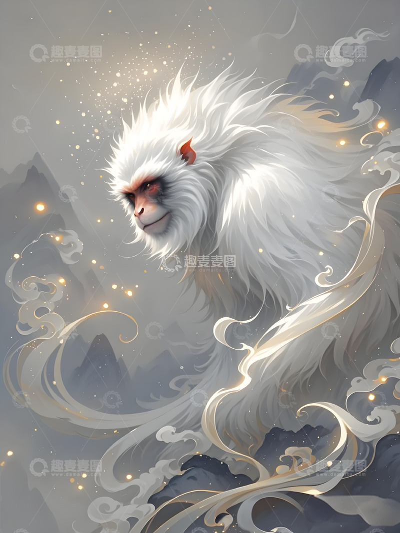 高清大图下载【趣麦麦图】十二生肖意境水墨画概念画风发光壁纸-猴7