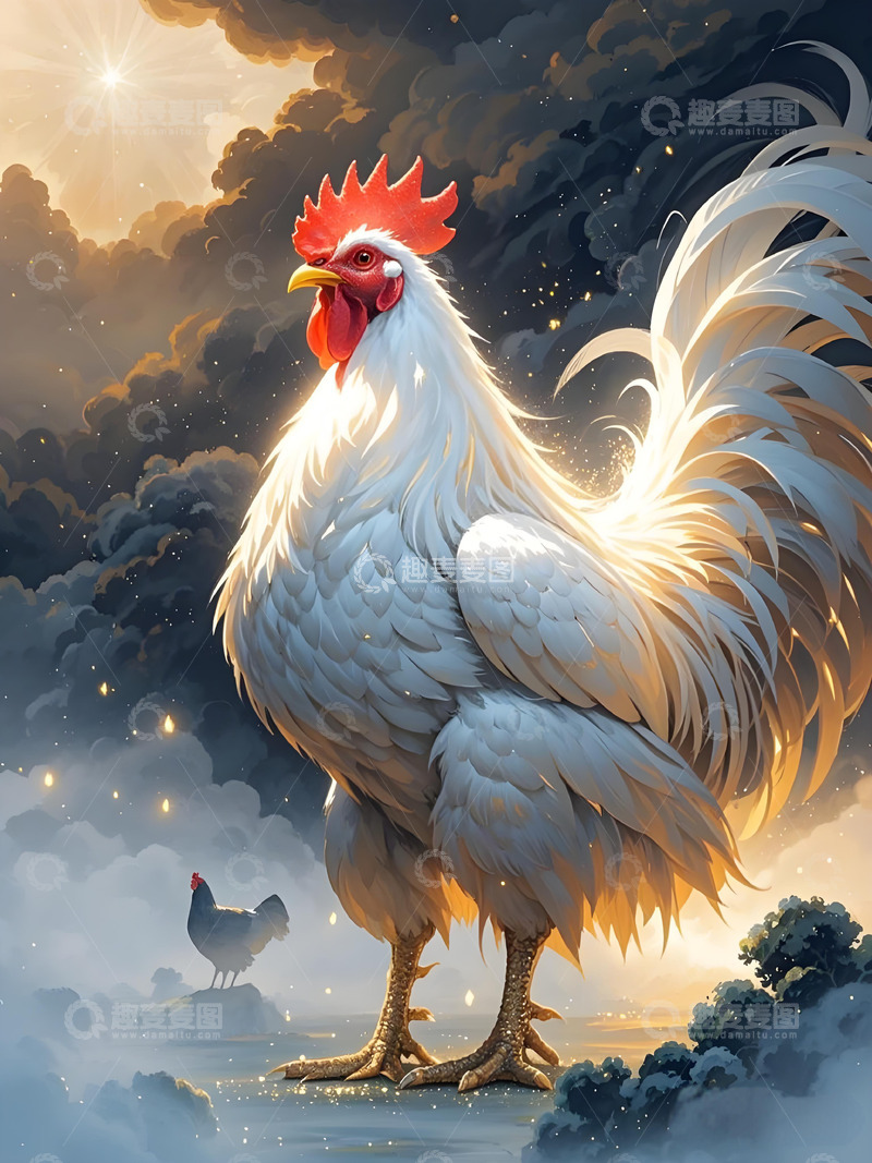 高清大图下载【趣麦麦图】十二生肖意境水墨画概念画风发光壁纸-鸡3