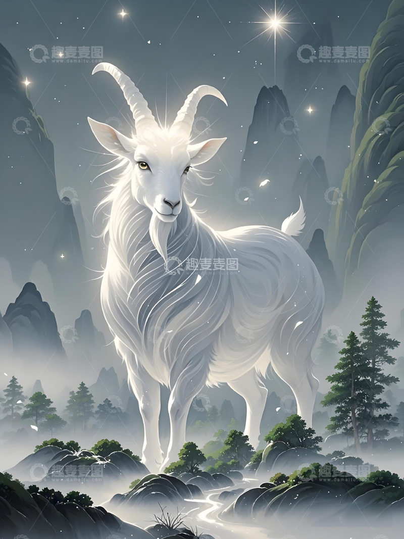 高清大图下载【趣麦麦图】十二生肖意境水墨画概念画风发光壁纸-羊2