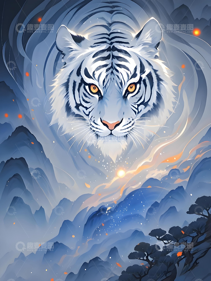 高清大图下载【趣麦麦图】十二生肖意境水墨画概念画风发光-虎