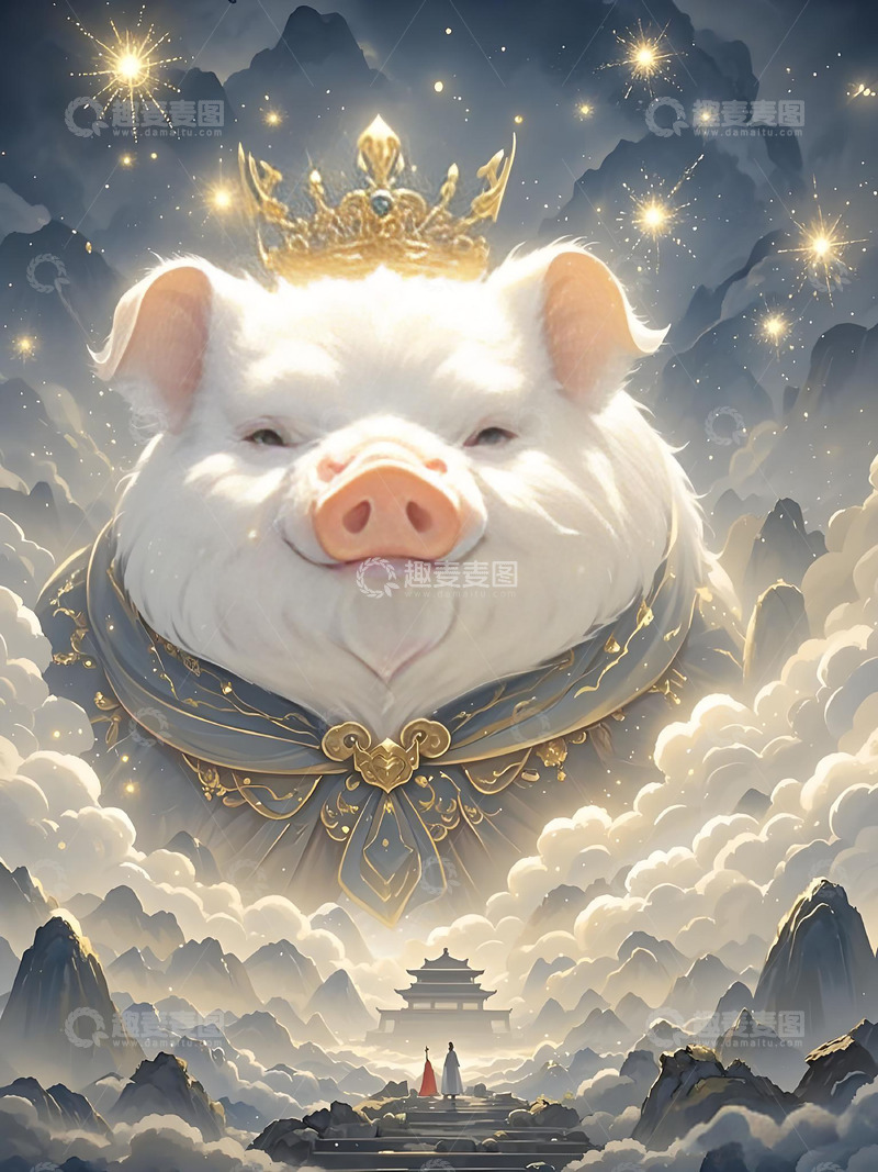 高清大图下载【趣麦麦图】十二生肖意境水墨画概念画风发光-猪