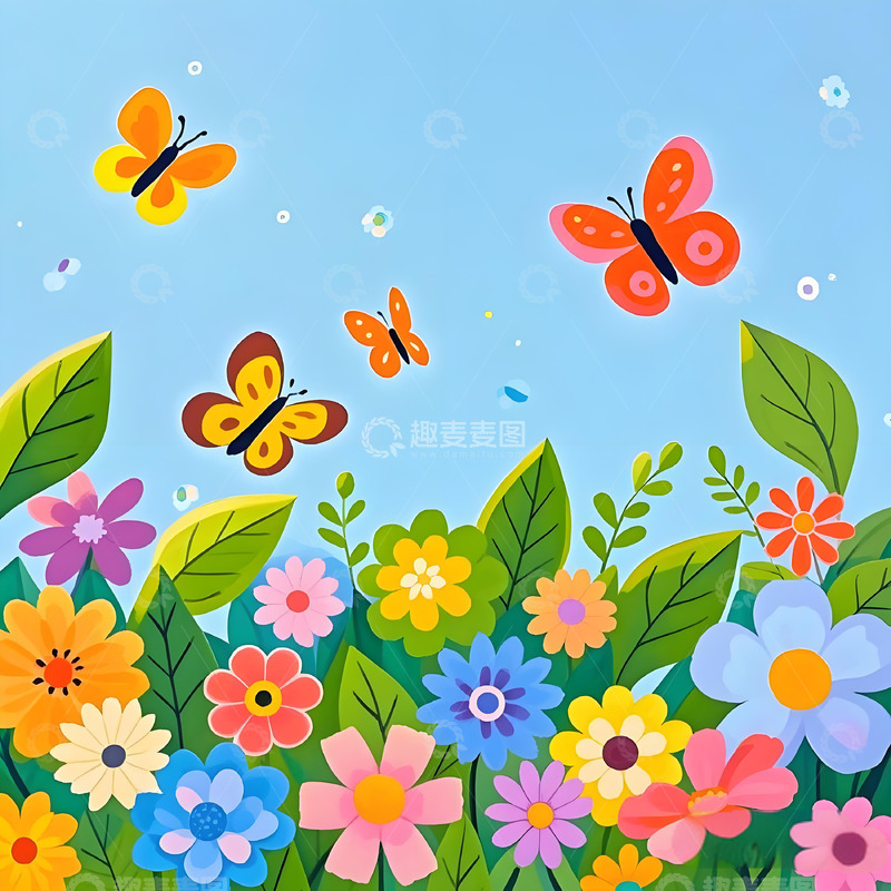 高清大图下载【趣麦麦图】春日 花朵蝴蝶  插画素材