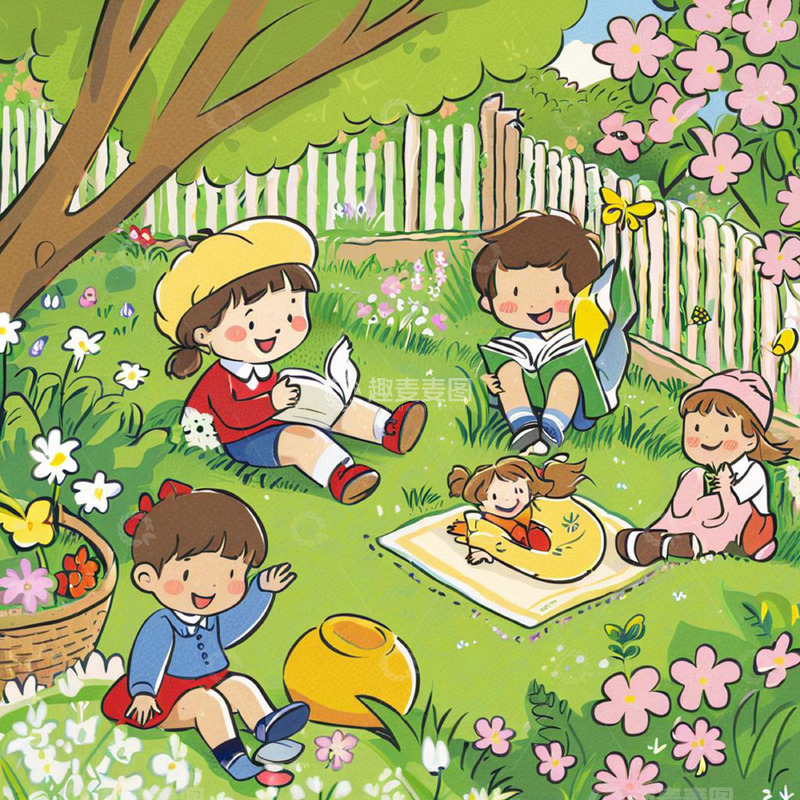 高清大图下载【趣麦麦图】春日 儿童野餐 插画素材