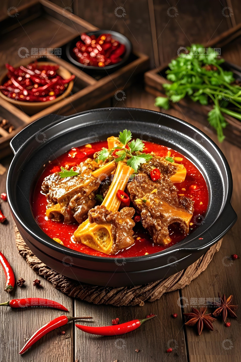 高清大图下载【趣麦麦图】美食摄影麻辣牛骨砂锅摄影图