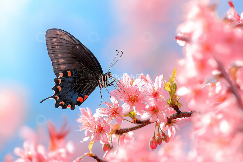 高清大图下载【趣麦麦图】春天樱花黑蝴蝶摄影图1