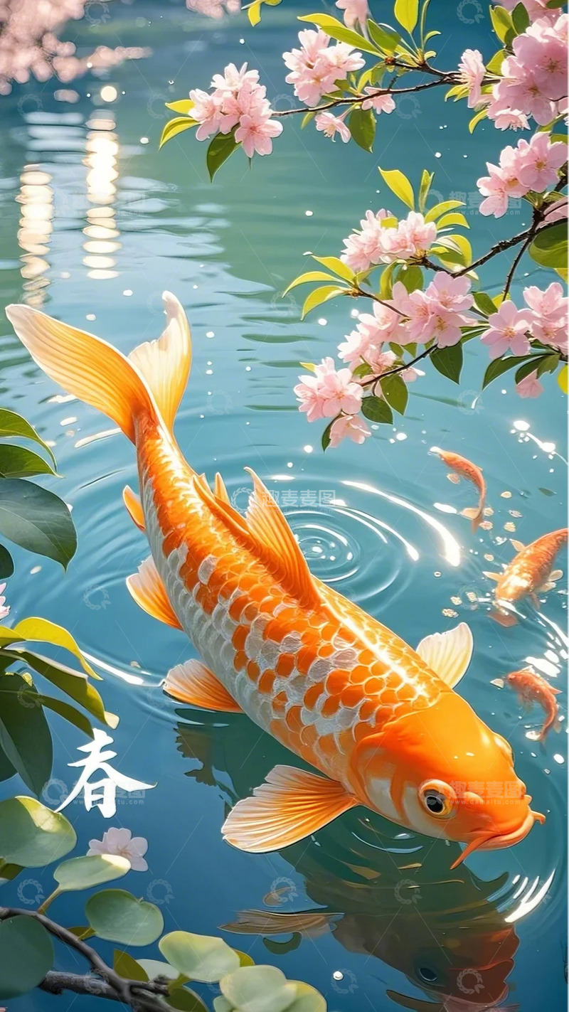 高清大图下载【趣麦麦图】春分 锦鲤  花 流水 波光粼粼  春水 