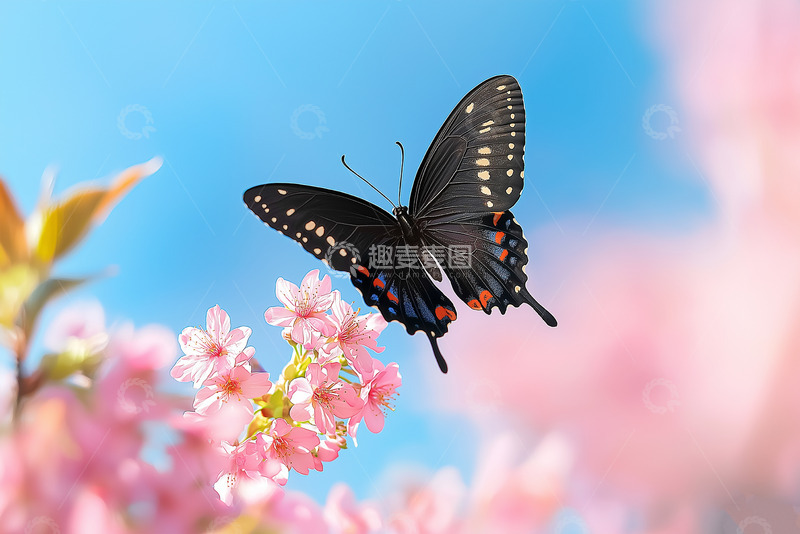 春天樱花黑蝴蝶摄影图