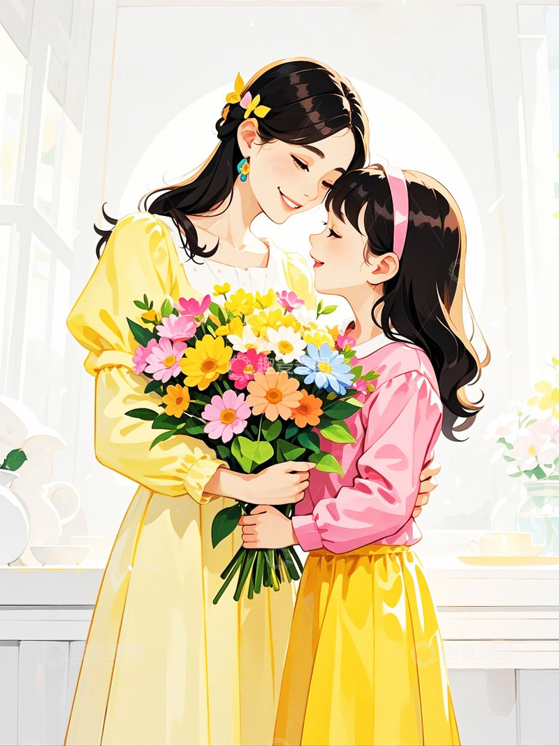 高清大图下载【趣麦麦图】母亲节妈妈和女儿拥抱鲜花花束10