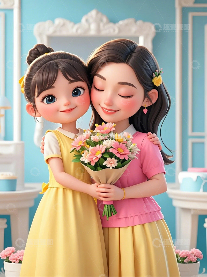高清大图下载【趣麦麦图】母亲节妈妈和女儿拥抱鲜花花束15