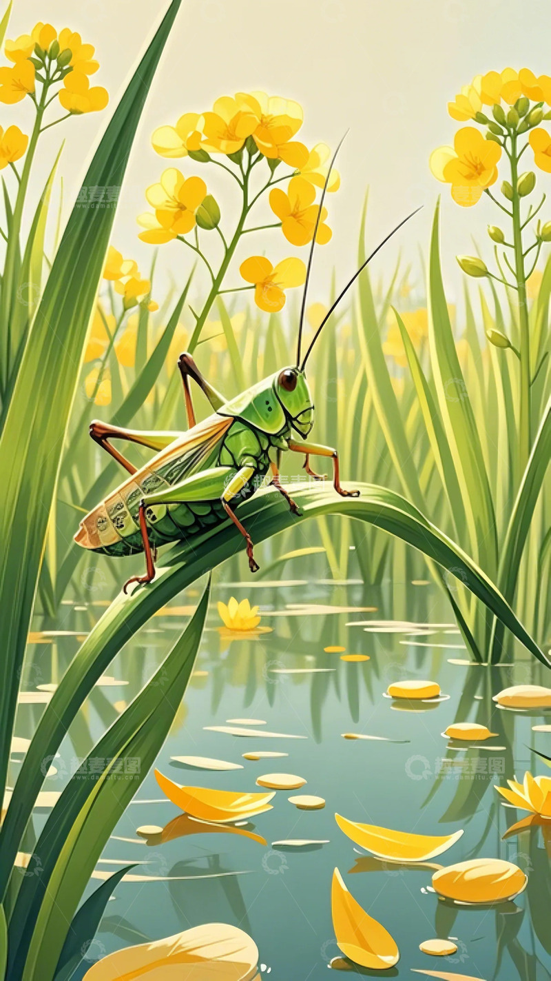 高清大图下载【趣麦麦图】春分 节气 插画  春天 蚂蚱  油菜花2