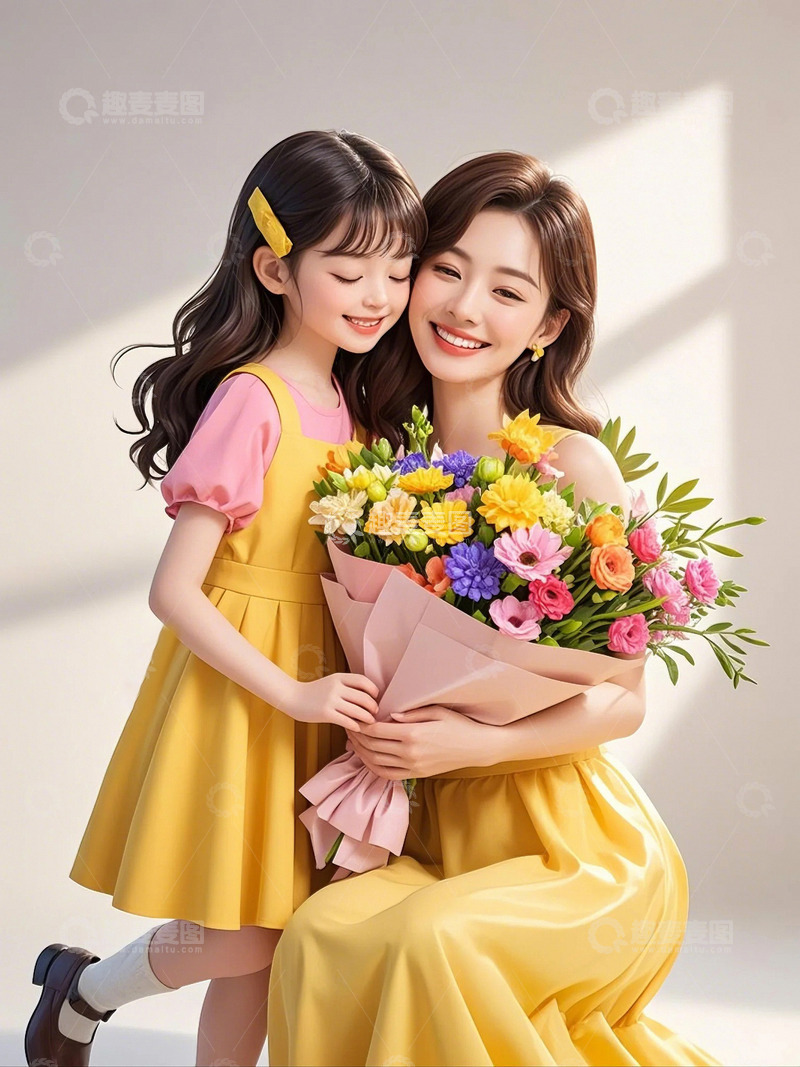 高清大图下载【趣麦麦图】母亲节妈妈和女儿拥抱鲜花花束18