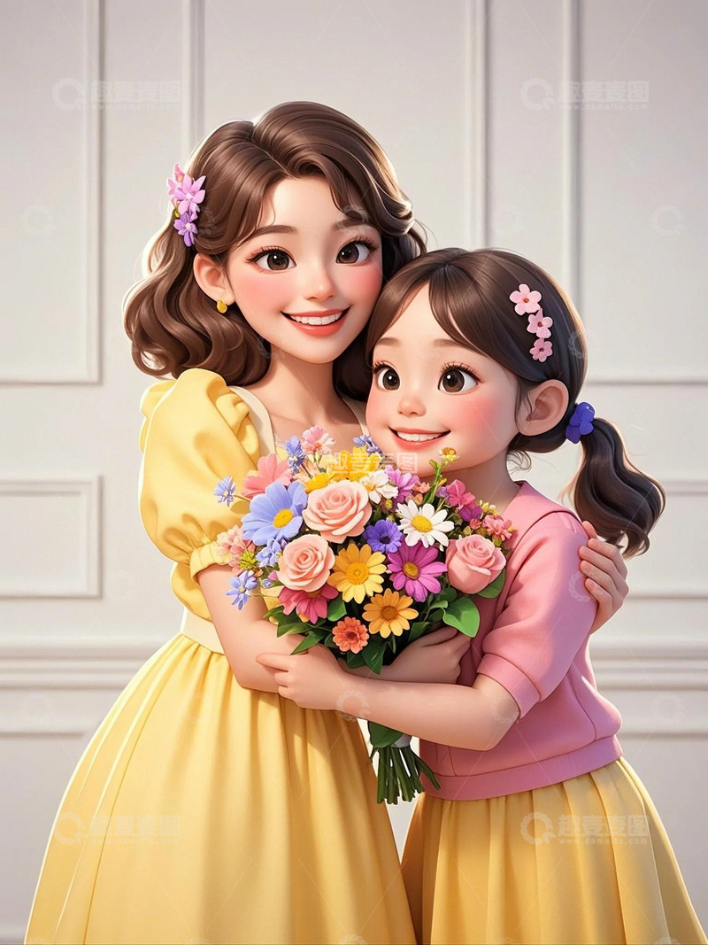 高清大图下载【趣麦麦图】母亲节妈妈和女儿拥抱鲜花花束17