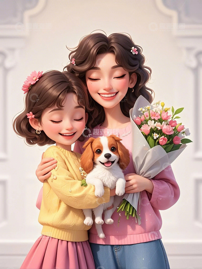 高清大图下载【趣麦麦图】母亲节妈妈和女儿拥抱鲜花花束14