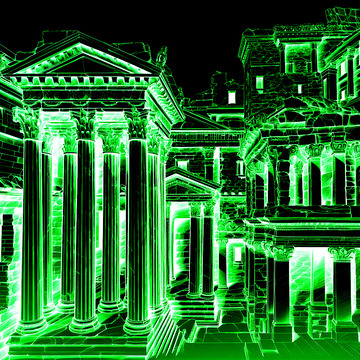 古建筑成群绿光