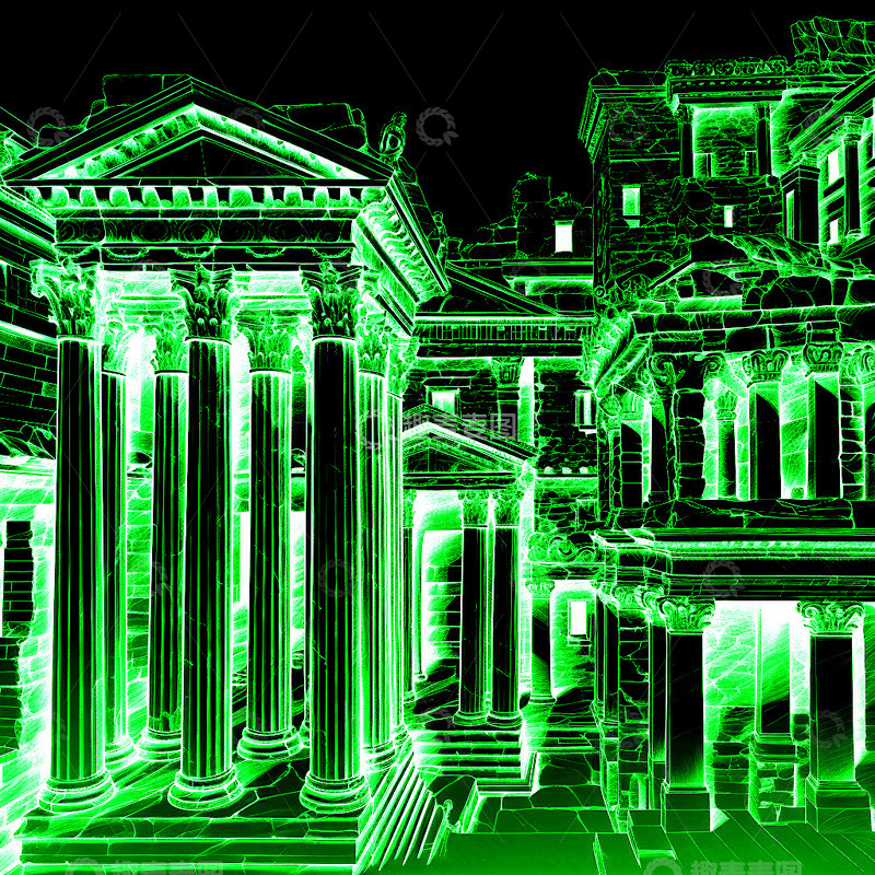 古建筑成群绿光