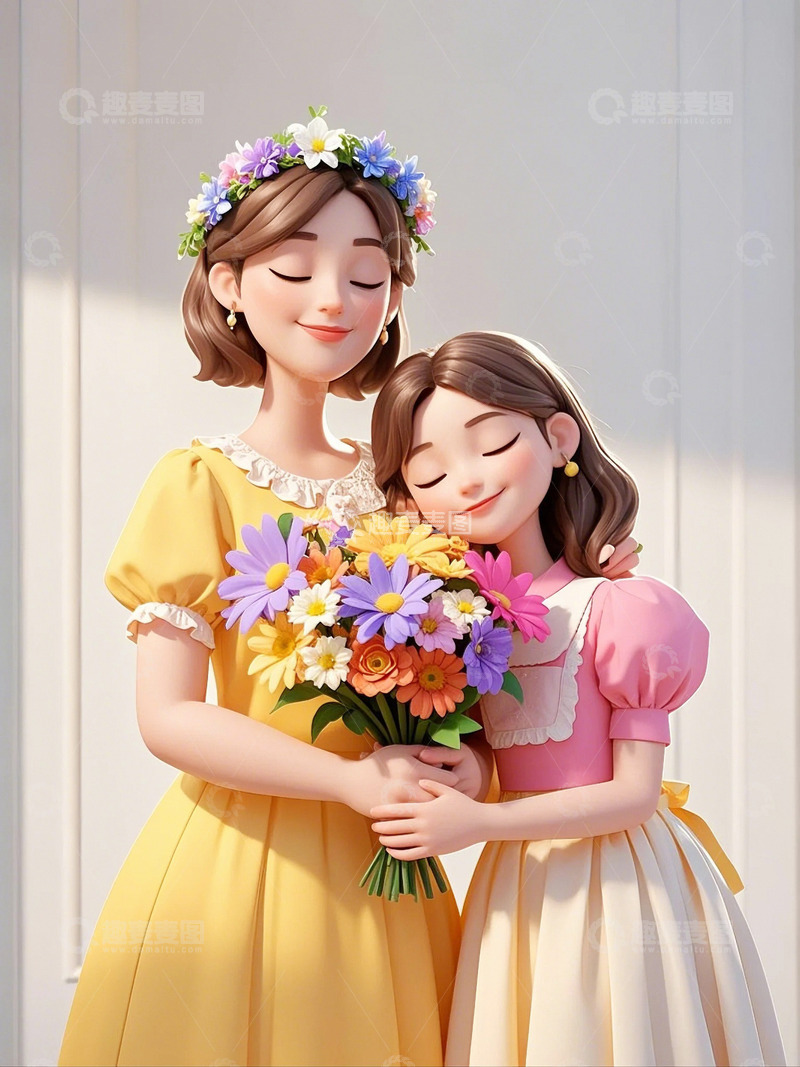 高清大图下载【趣麦麦图】母亲节妈妈和女儿拥抱鲜花花束13