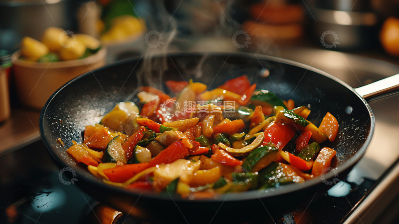 高清大图下载【趣麦麦图】热气腾腾的蔬菜炒锅