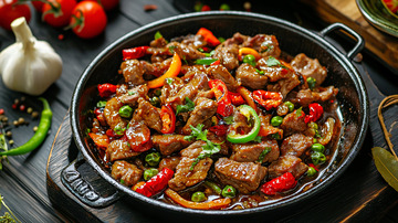 黑铁锅爆炒牛肉配蔬菜