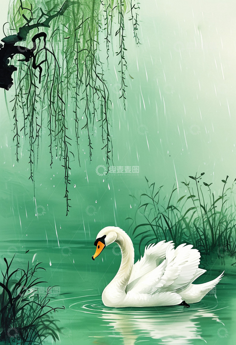 高清大图下载【趣麦麦图】春天雨水雨中的白天鹅3