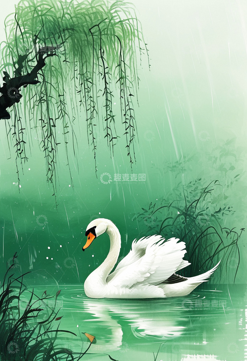 高清大图下载【趣麦麦图】春天雨水雨中的白天鹅2