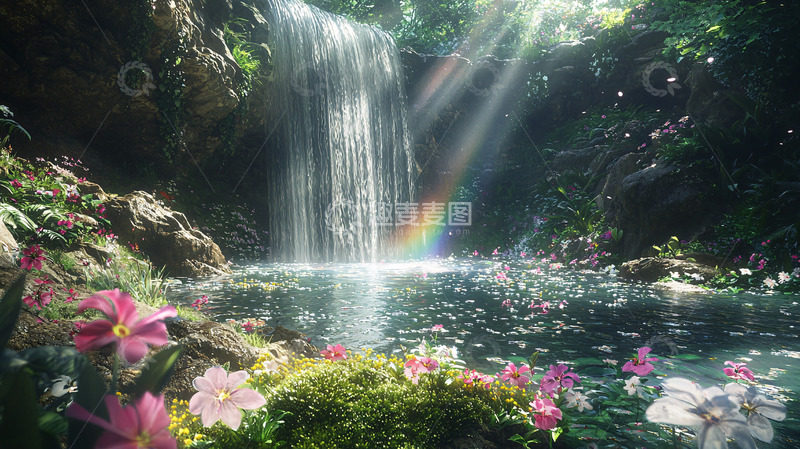 高清大图下载【趣麦麦图】瀑布彩虹鲜花