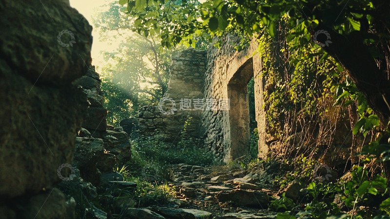 高清大图下载【趣麦麦图】阳光透过树林照射在古老废墟