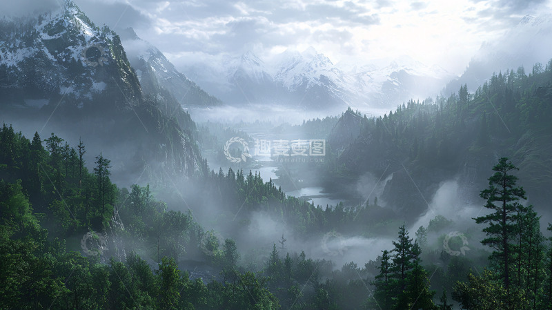 高清大图下载【趣麦麦图】雾气缭绕的山谷森林